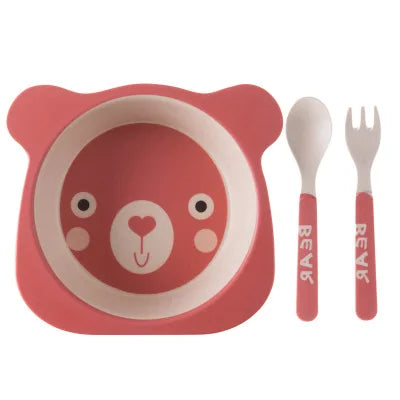 Eco-Friendly Bamboo Fiber Cartoon Tableware Set - 3pcs Baby Dinnerware with Plate, Bowl, Spoon & Fork