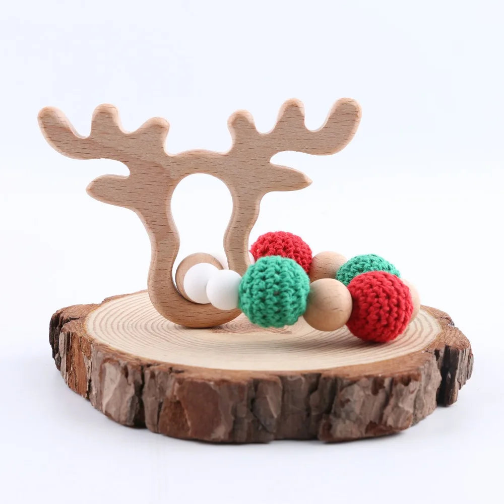 Wooden Sika Deer Baby Teether Rattle – Safe Natural Beech Toy