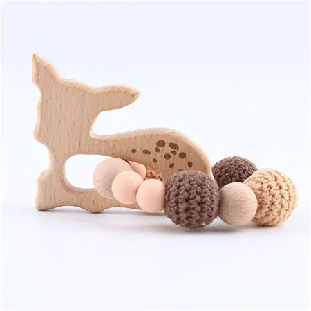 Wooden Sika Deer Baby Teether Rattle – Safe Natural Beech Toy