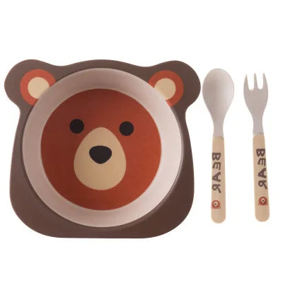 Eco-Friendly Bamboo Fiber Cartoon Tableware Set - 3pcs Baby Dinnerware with Plate, Bowl, Spoon & Fork