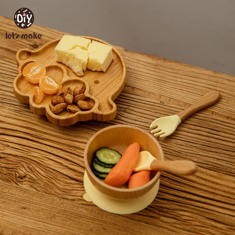 Safe Baby Dinnerware Set - Wooden & Silicone Feeding Plates