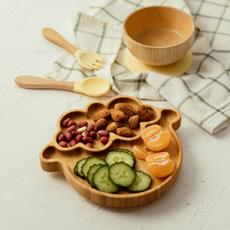 3-Piece Cartoon Bamboo Baby Feeding Set: Non-slip Plate, Spoon & Fork for Self-Feeding