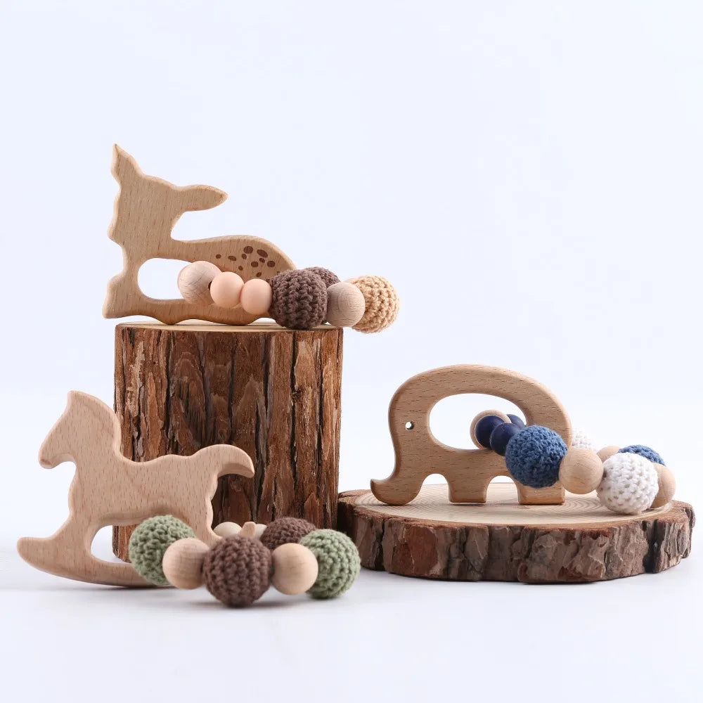 Wooden Sika Deer Baby Teether Rattle – Safe Natural Beech Toy