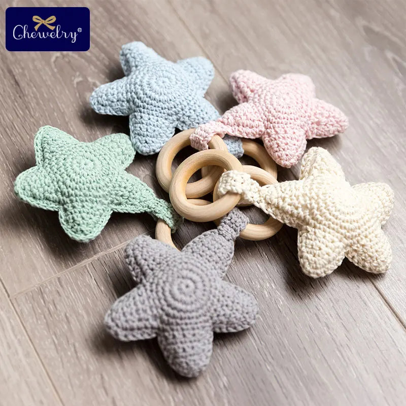 Colorful crochet star baby rattle and teether set with wooden rings for Montessori baby toys