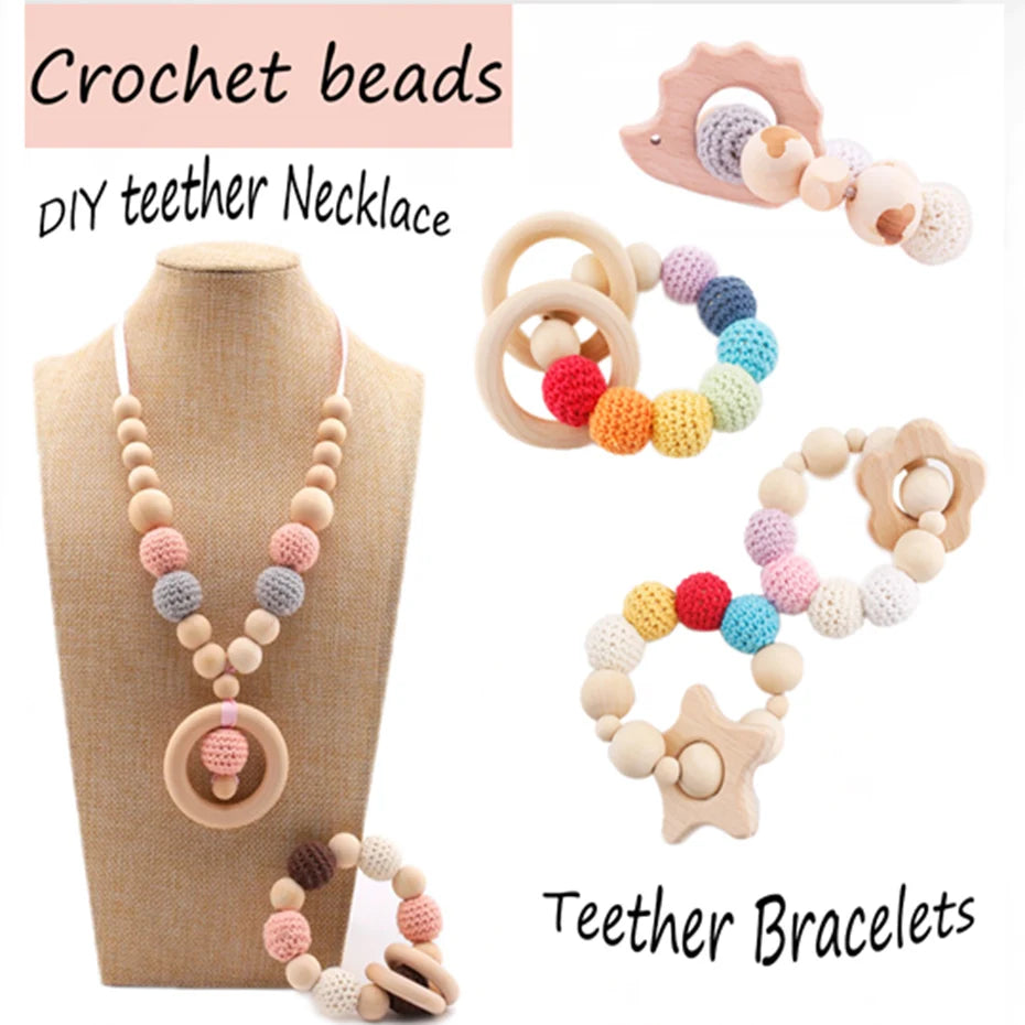 Wooden Crochet Bead Baby Teether Set – 15pcs, BPA Free, 20mm