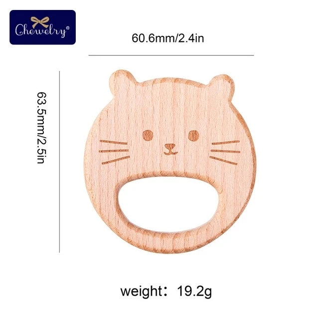 Wooden Animal Teether Pendant – Safe Baby Gym Toy, Beech Wood