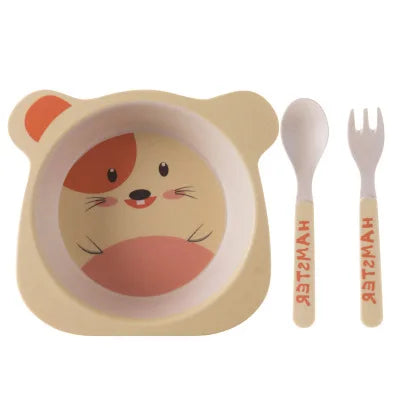 Eco-Friendly Bamboo Fiber Cartoon Tableware Set - 3pcs Baby Dinnerware with Plate, Bowl, Spoon & Fork