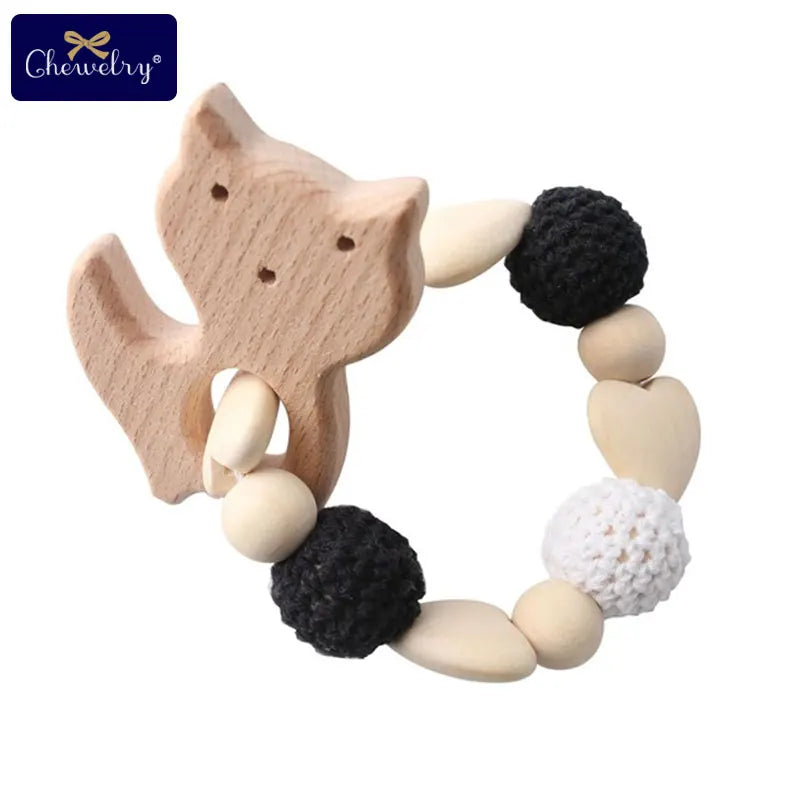 Wooden Sika Deer Baby Teether Rattle – Safe Natural Beech Toy