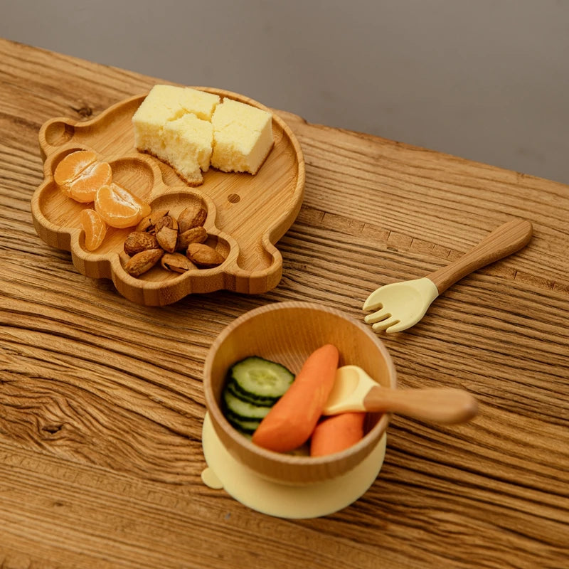 3-Piece Cartoon Bamboo Baby Feeding Set: Non-slip Plate, Spoon & Fork for Self-Feeding