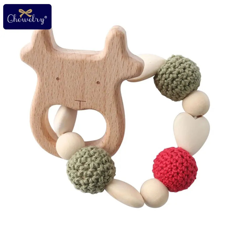Wooden Sika Deer Baby Teether Rattle – Safe Natural Beech Toy