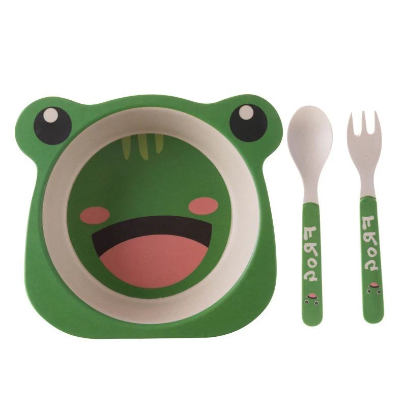 Eco-Friendly Bamboo Fiber Cartoon Tableware Set - 3pcs Baby Dinnerware with Plate, Bowl, Spoon & Fork