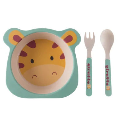 Eco-Friendly Bamboo Fiber Cartoon Tableware Set - 3pcs Baby Dinnerware with Plate, Bowl, Spoon & Fork
