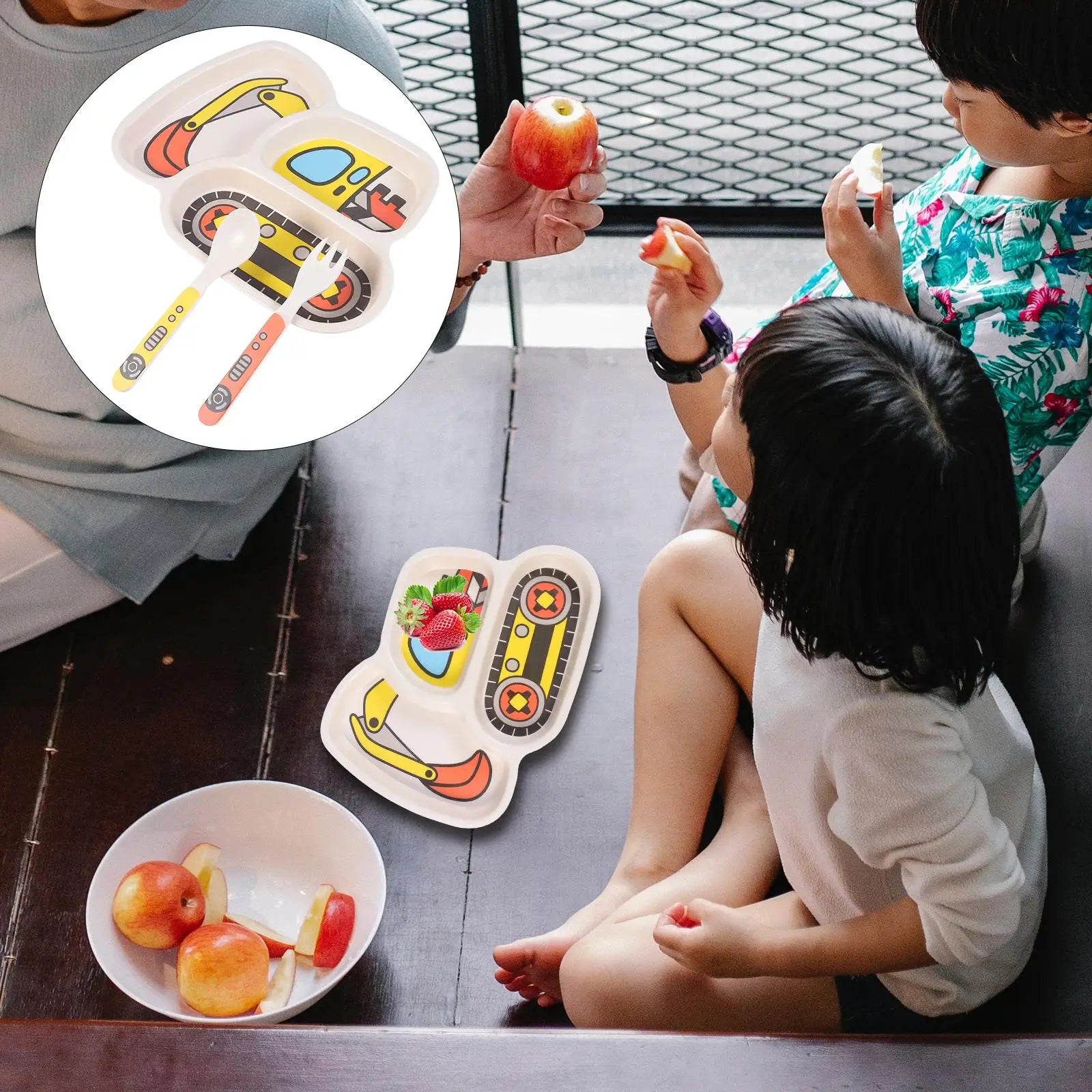 Durable Cartoon Bamboo Fiber Plate Set - Safe Tableware for Kids with Fork & Spoon