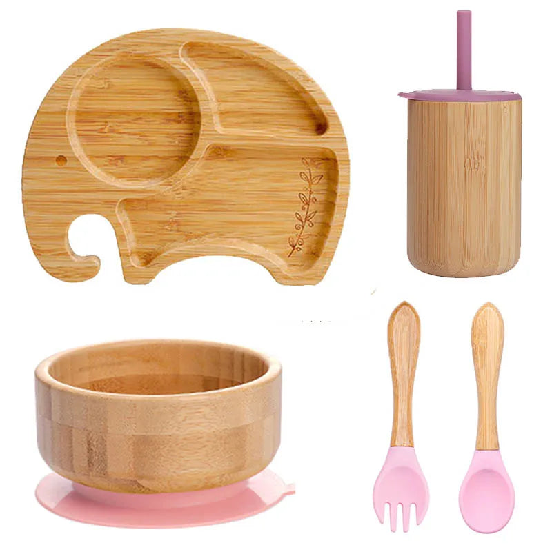 Bopoobo 5-Piece Bamboo Baby Tableware Set - BPA Free, Suction Plates, Eco-Friendly, Perfect for Weaning!