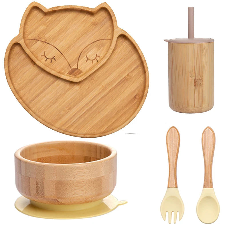 Bopoobo 5-Piece Bamboo Baby Tableware Set - BPA Free, Suction Plates, Eco-Friendly, Perfect for Weaning!
