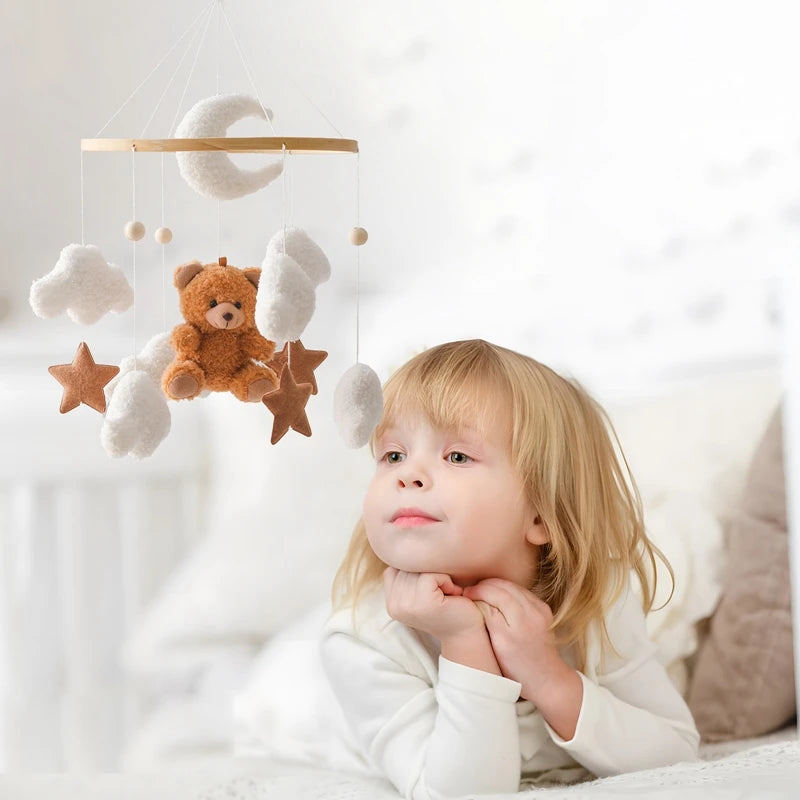 Wooden Baby Crib Mobile with Teddy Bear & Rabbit – Musical Rattle Toy
