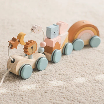 Eco-friendly wooden hand coordination stacking toy with pastel animal and rainbow shapes for baby development