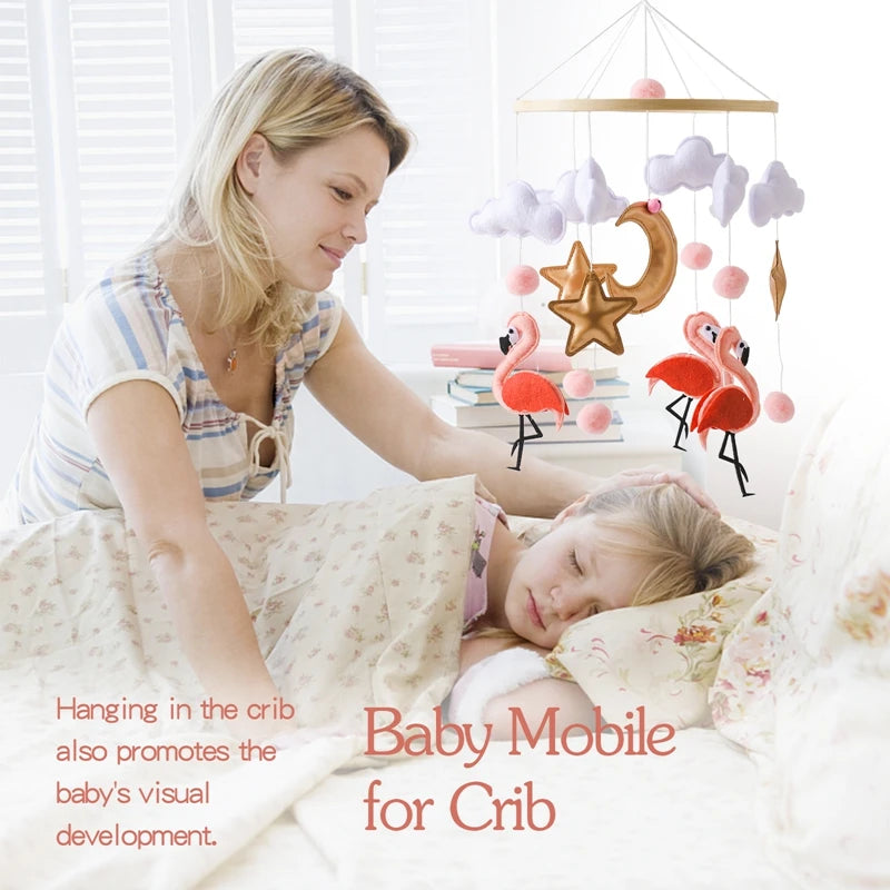 Wooden Crib Mobile with Flamingo Dolls – Baby Bed Bell Rattle Toy