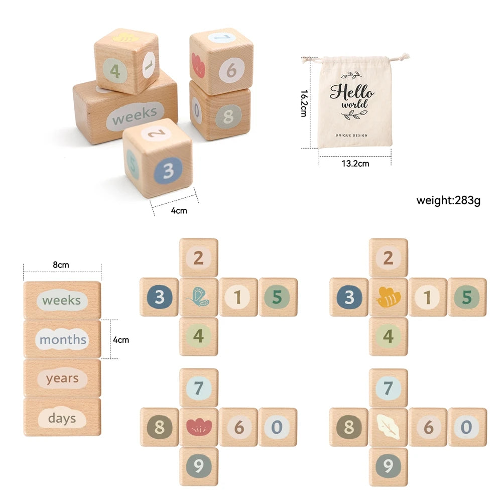 Wooden Baby Milestone Blocks – Engraved Beech Newborn Photo Props