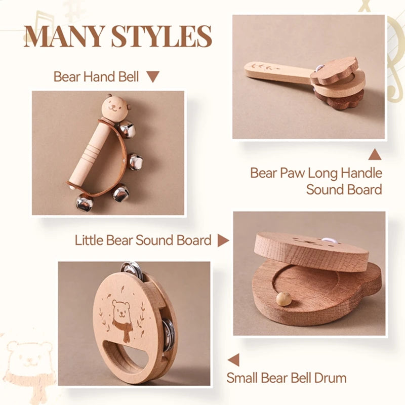 Wooden Montessori Bear Rattle – BPA Free Teething Toy for Babies
