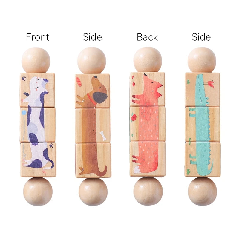 Wooden Montessori Bear Toy – Educational Cartoon Animal Rattle