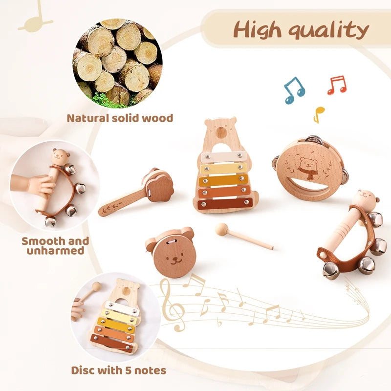 Montessori Wooden Musical Toys for Kids – Drum, Xylophone, Rattle