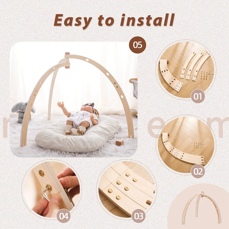Wooden Baby Gym Frame with Sensory Rattle Toys – Foldable Play Set