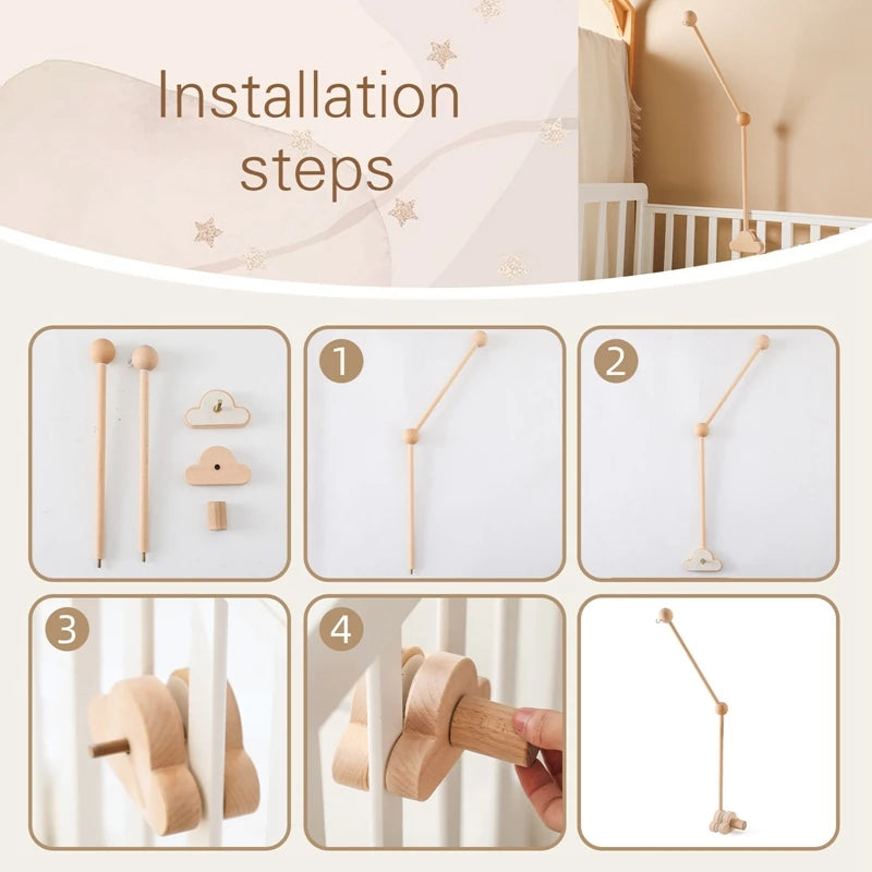 Baby Wooden Crib Mobile Holder – Cloud Shape Rattle Toy Arm