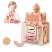 Montessori wooden pink castle car baby toy with xylophone and building blocks for toddlers