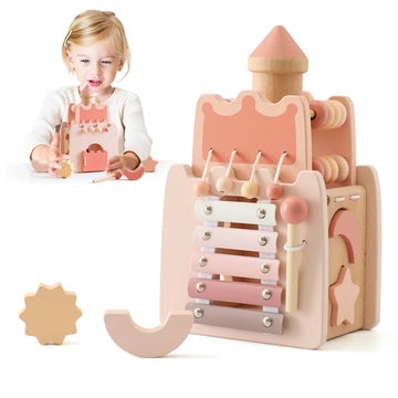 Montessori wooden pink castle car baby toy with xylophone and building blocks for toddlers