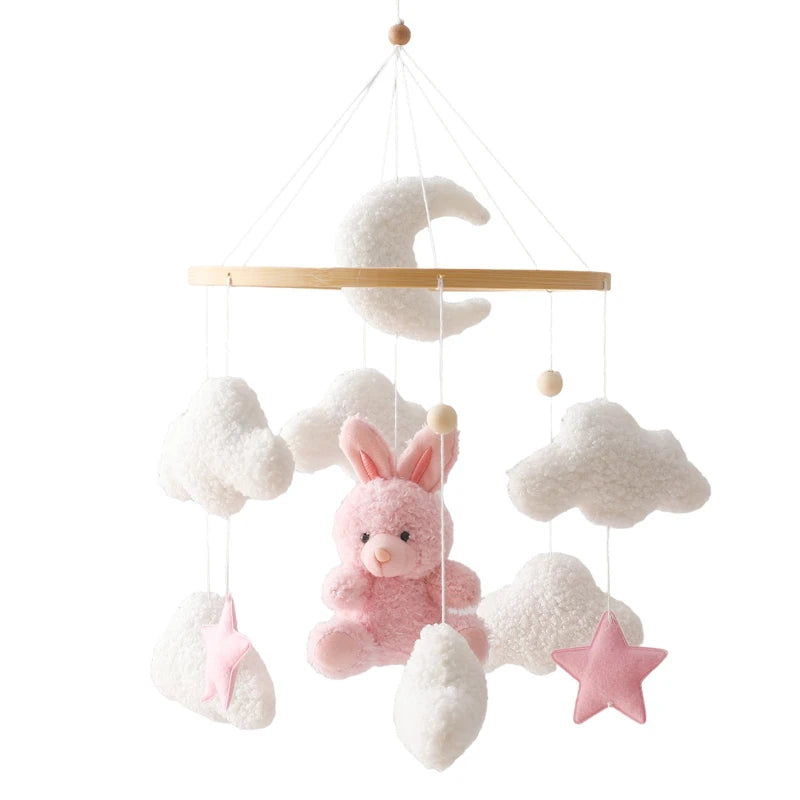 Wooden Baby Crib Mobile with Teddy Bear & Rabbit – Musical Rattle Toy
