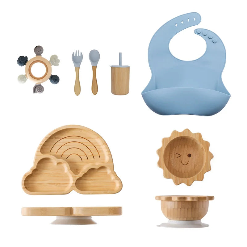 Eco-Friendly 7-Piece Bamboo & Silicone Baby Feeding Set - Safe, Non-Toxic Dinnerware for Kids