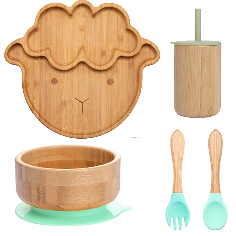 Bopoobo 5-Piece Bamboo Baby Tableware Set - BPA Free, Suction Plates, Eco-Friendly, Perfect for Weaning!
