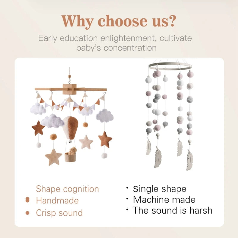 Wooden Baby Crib Mobile – Soft Felt Hot Air Balloon Bed Bell Toy
