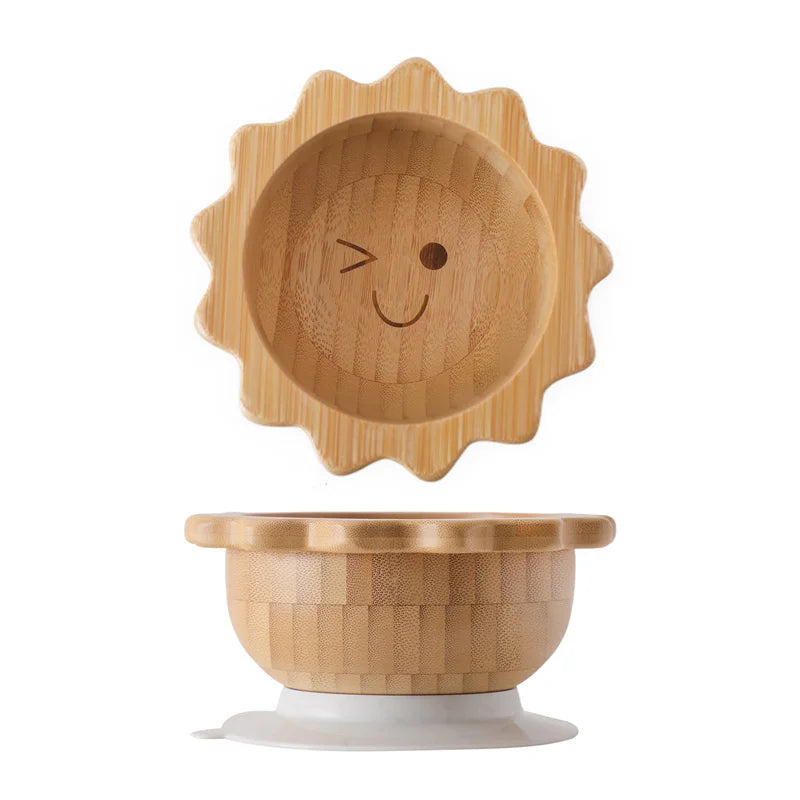 Eco-Friendly Baby Wooden Tableware Set: Bamboo Plates, Bowls & Silicone Suction Forks/Spoons for Safe Feeding