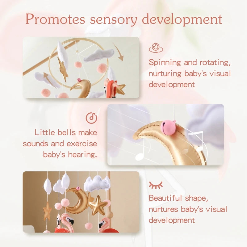Wooden Crib Mobile with Flamingo Dolls – Baby Bed Bell Rattle Toy