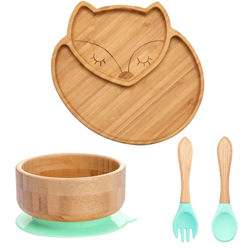 Bamboo Kids Tableware Set – 4pcs Suction Plate, Bowl & Utensils