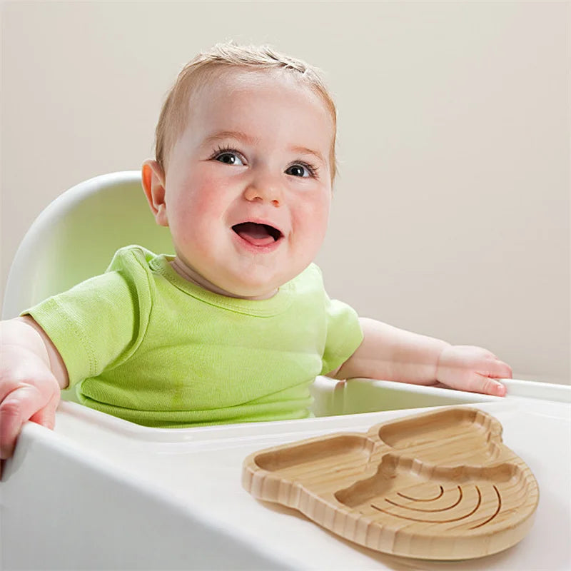 Eco-Friendly Baby Wooden Tableware Set: Bamboo Plates, Bowls & Silicone Suction Forks/Spoons for Safe Feeding