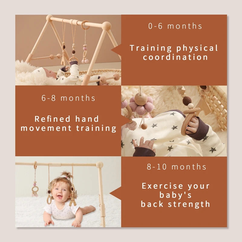 Baby Wooden Gym Frame & Sensory Rattle Toys – Foldable Play Mobile