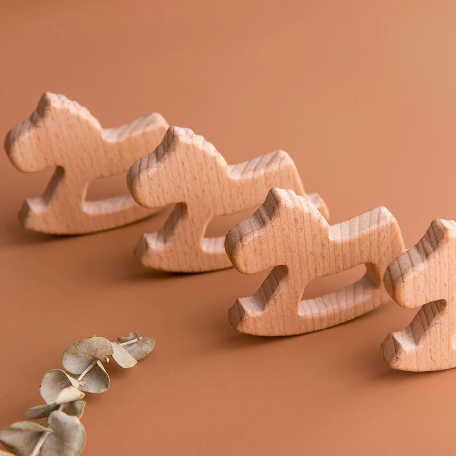 Wooden Animal Teether Pendant – Safe Baby Gym Toy, Beech Wood