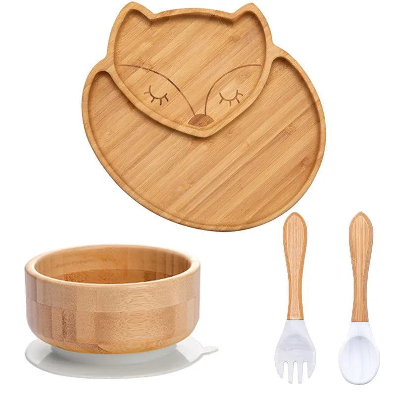 Bamboo Kids Tableware Set – 4pcs Suction Plate, Bowl & Utensils
