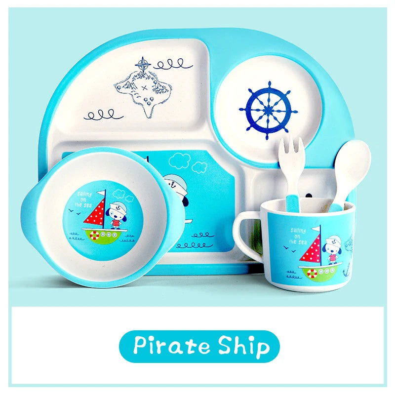 Eco-Friendly Kids Tableware Set - Fall-Proof Bamboo Plates with Non-Slip Design & Fun Patterns