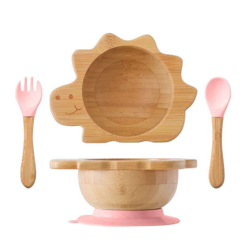 Eco-Friendly Baby Wooden Tableware Set: Bamboo Plates, Bowls & Silicone Suction Forks/Spoons for Safe Feeding