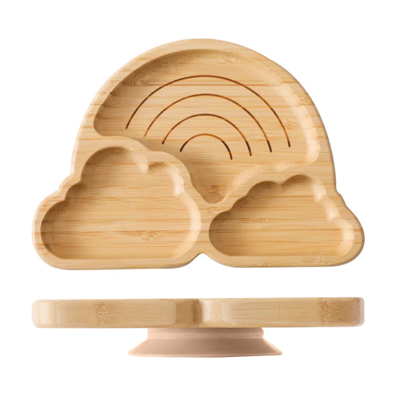 Eco-Friendly Baby Wooden Tableware Set: Bamboo Plates, Bowls & Silicone Suction Forks/Spoons for Safe Feeding