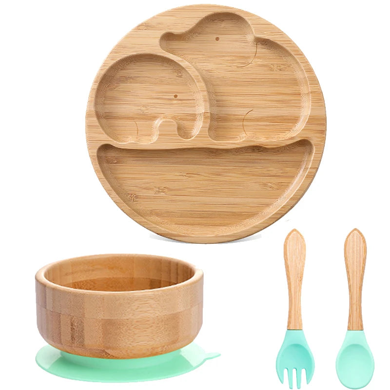 Bamboo Kids Tableware Set – 4pcs Suction Plate, Bowl & Utensils