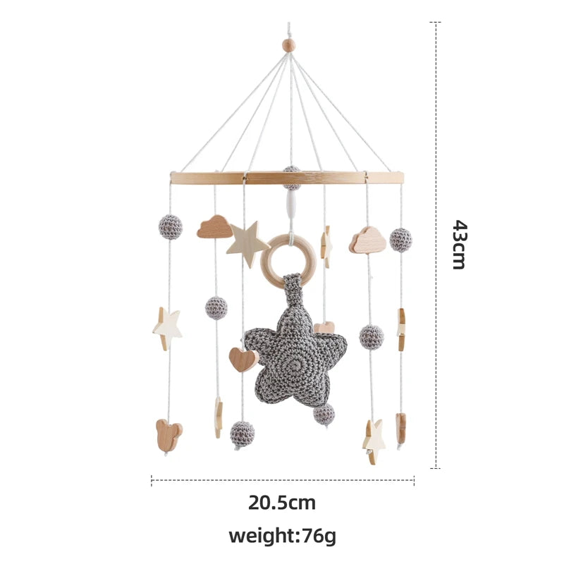 Wooden Baby Crib Mobile – Crochet Stars Bed Bell Rattle Toy