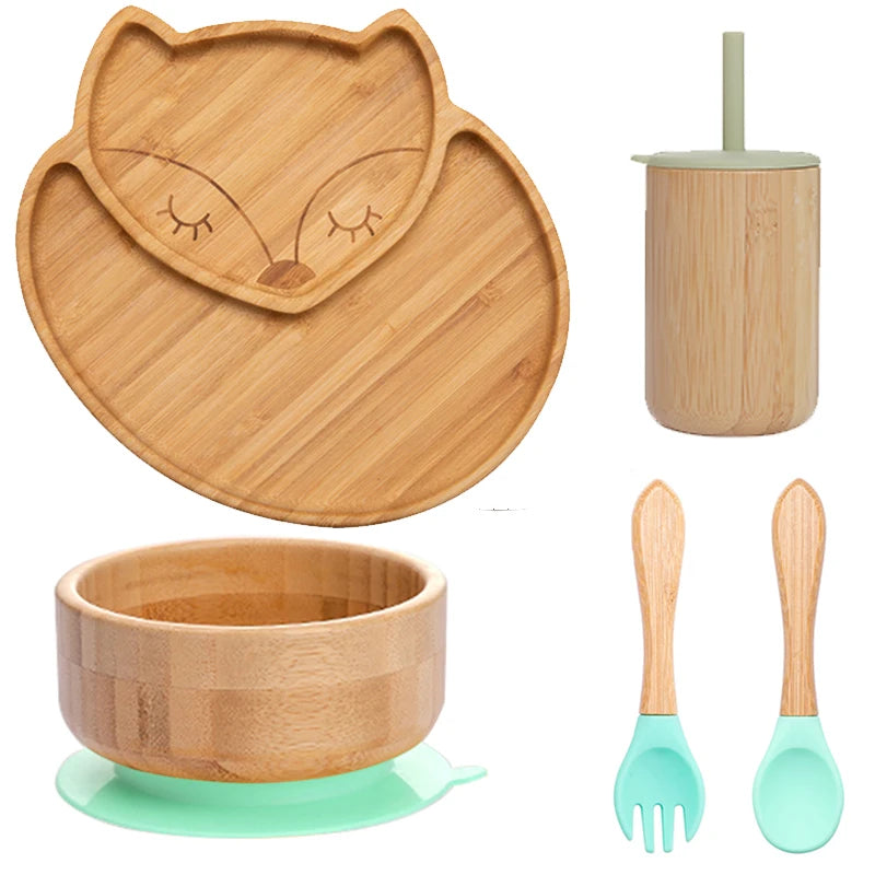 Bopoobo 5-Piece Bamboo Baby Tableware Set - BPA Free, Suction Plates, Eco-Friendly, Perfect for Weaning!