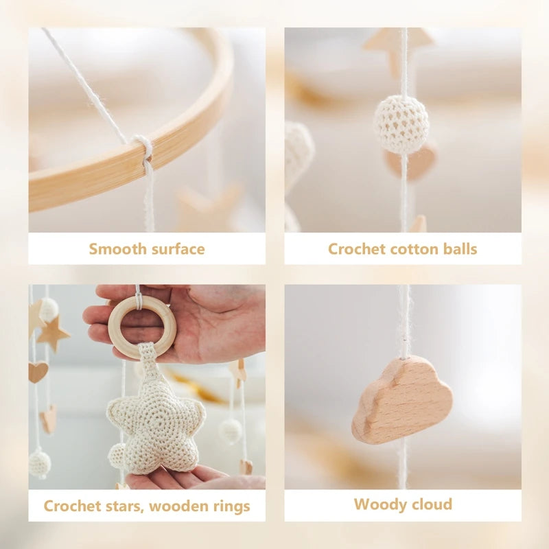 Wooden Baby Crib Mobile – Crochet Stars Bed Bell Rattle Toy