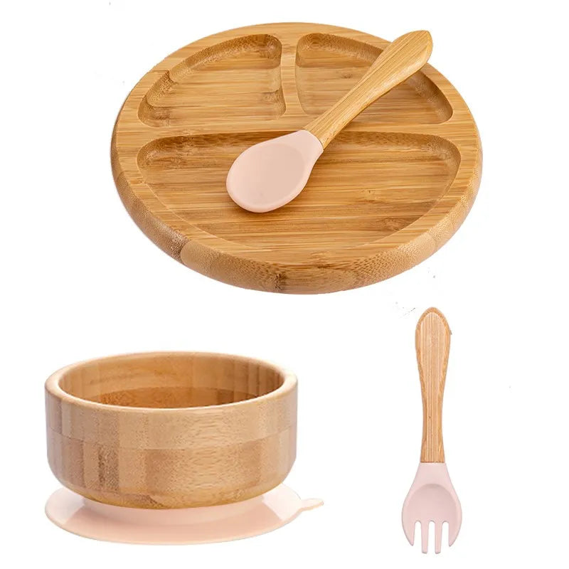 Bamboo Kids Tableware Set – 4pcs Suction Plate, Bowl & Utensils