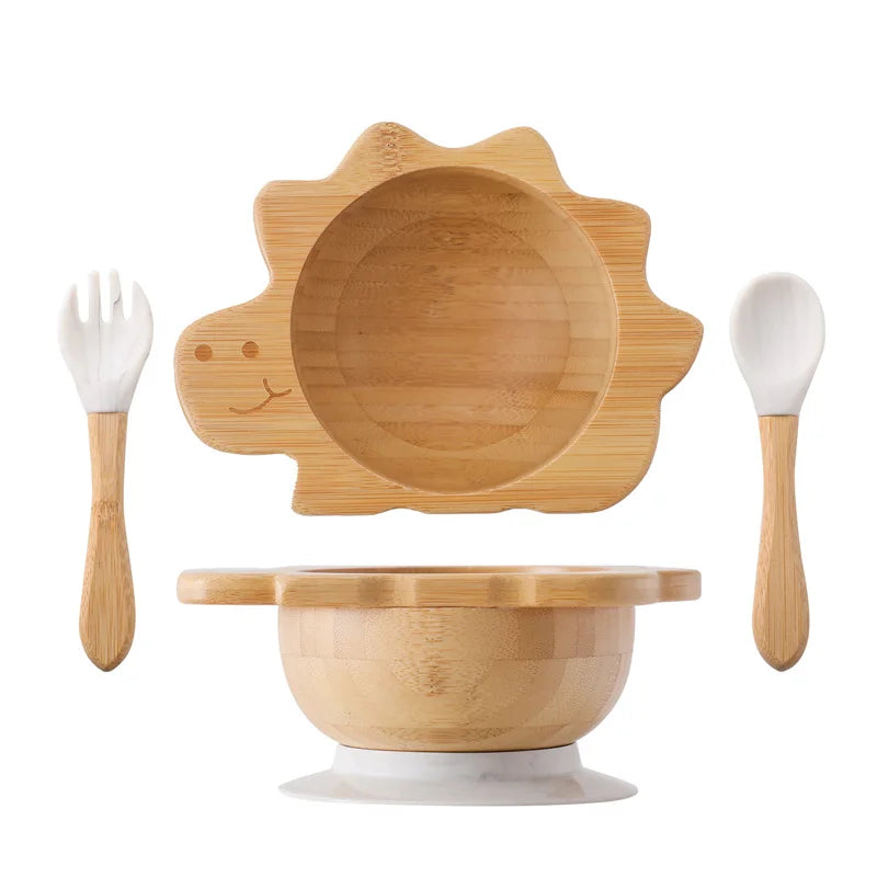 Eco-Friendly Baby Wooden Tableware Set: Bamboo Plates, Bowls & Silicone Suction Forks/Spoons for Safe Feeding